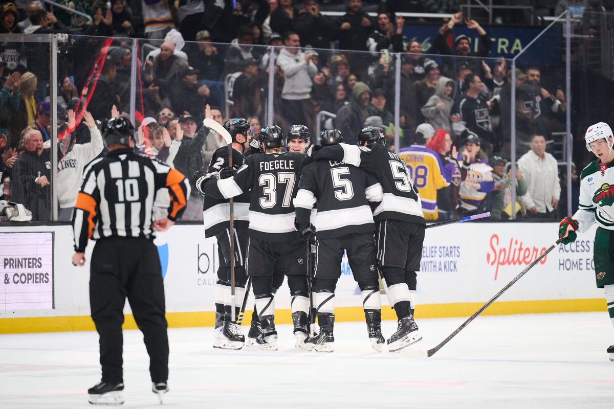 The Los Angeles Kings celebrate a goal against the Minnesota Wild at the Crypto Arena on January 5th, 2026 in Los Angeles California.