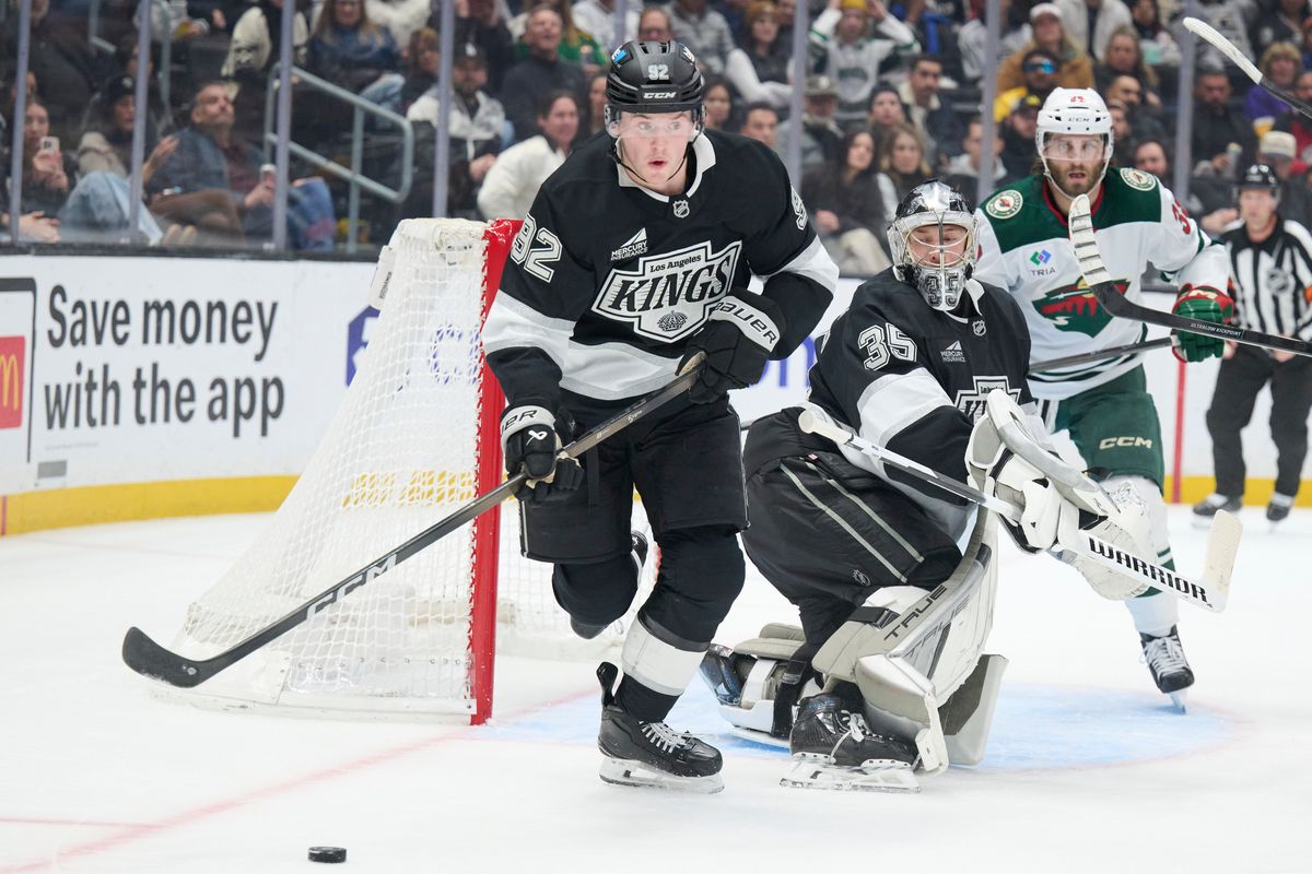 The Los Angeles Kings defender Brandt Clarke (92) skates with the puck against the Minnesota Wild at the Crypto Arena on January 5th, 2026 in Los Angeles California.