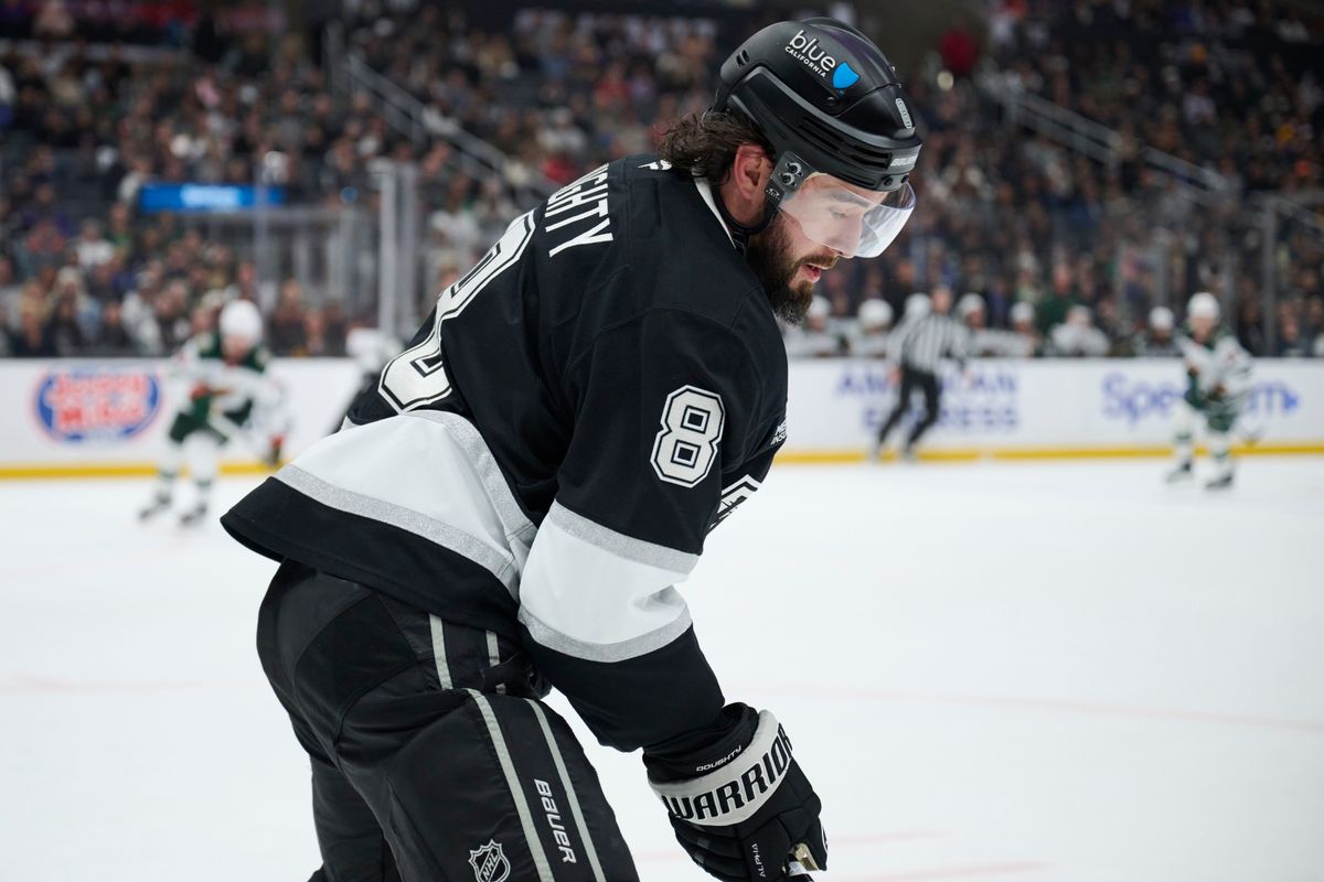 The Los Angeles Kings defender Drew Doughty (8) clears the puck against the Minnesota Wild at the Crypto Arena on January 5th, 2026 in Los Angeles California.