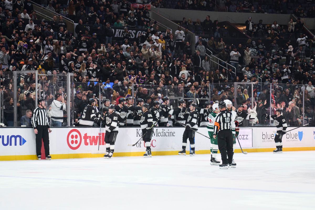 The Los Angeles Kings celebrate a goal against the Minnesota Wild at the Crypto Arena on January 5th, 2026 in Los Angeles California.