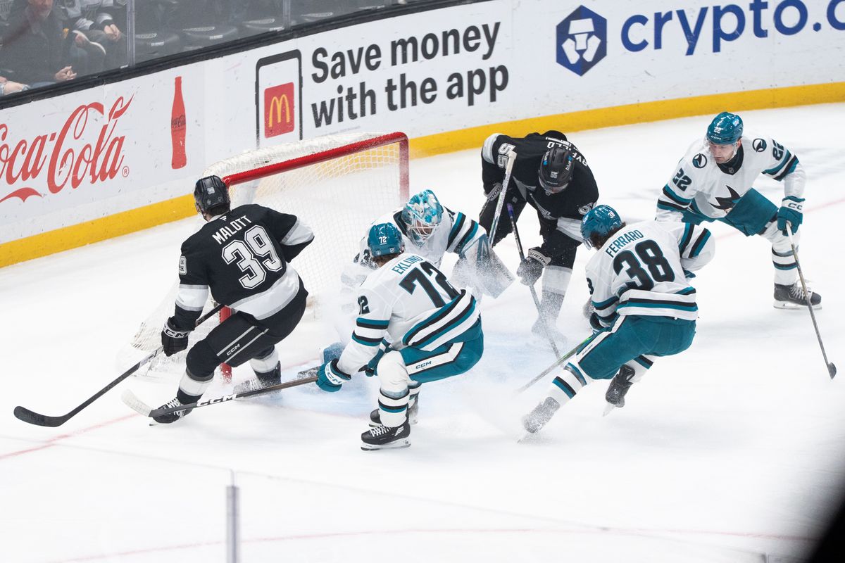 The Los Angeles Kings Right Wing Quinton Byfield (55) tries to score a goal within the crowd in an NHL against the San Jose Sharks at the Crypto Arena on January 7th, 2026 in Los Angeles California.