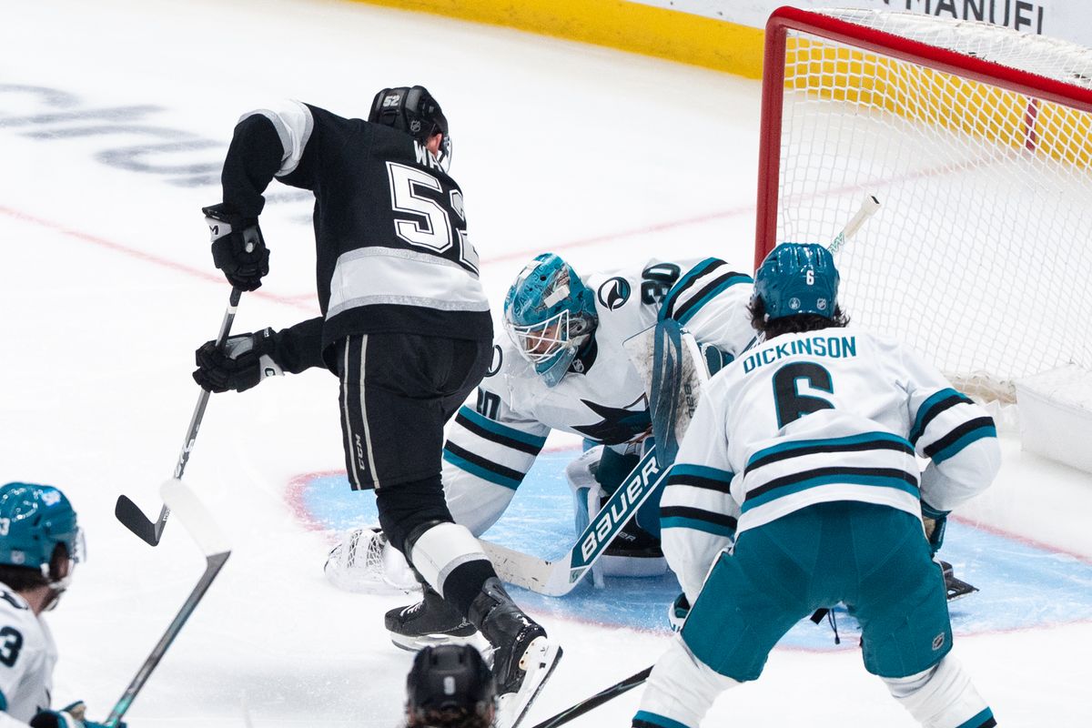 The Los Angeles Kings Right Wing Taylor Ward (52) shoots towards the net and tries to score in a NHL game against the San Jose Sharks at the Crypto Arena on January 7th, 2026 in Los Angeles California.