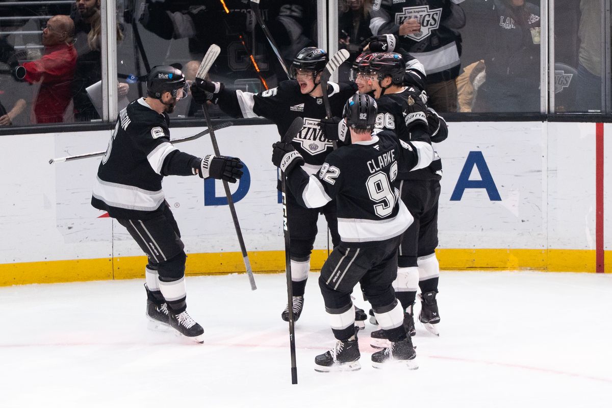 The Los Angeles Kings players celebrate after scoring a goal in a NHL game against the San Jose Sharks at the Crypto Arena on January 7th, 2026 in Los Angeles California.