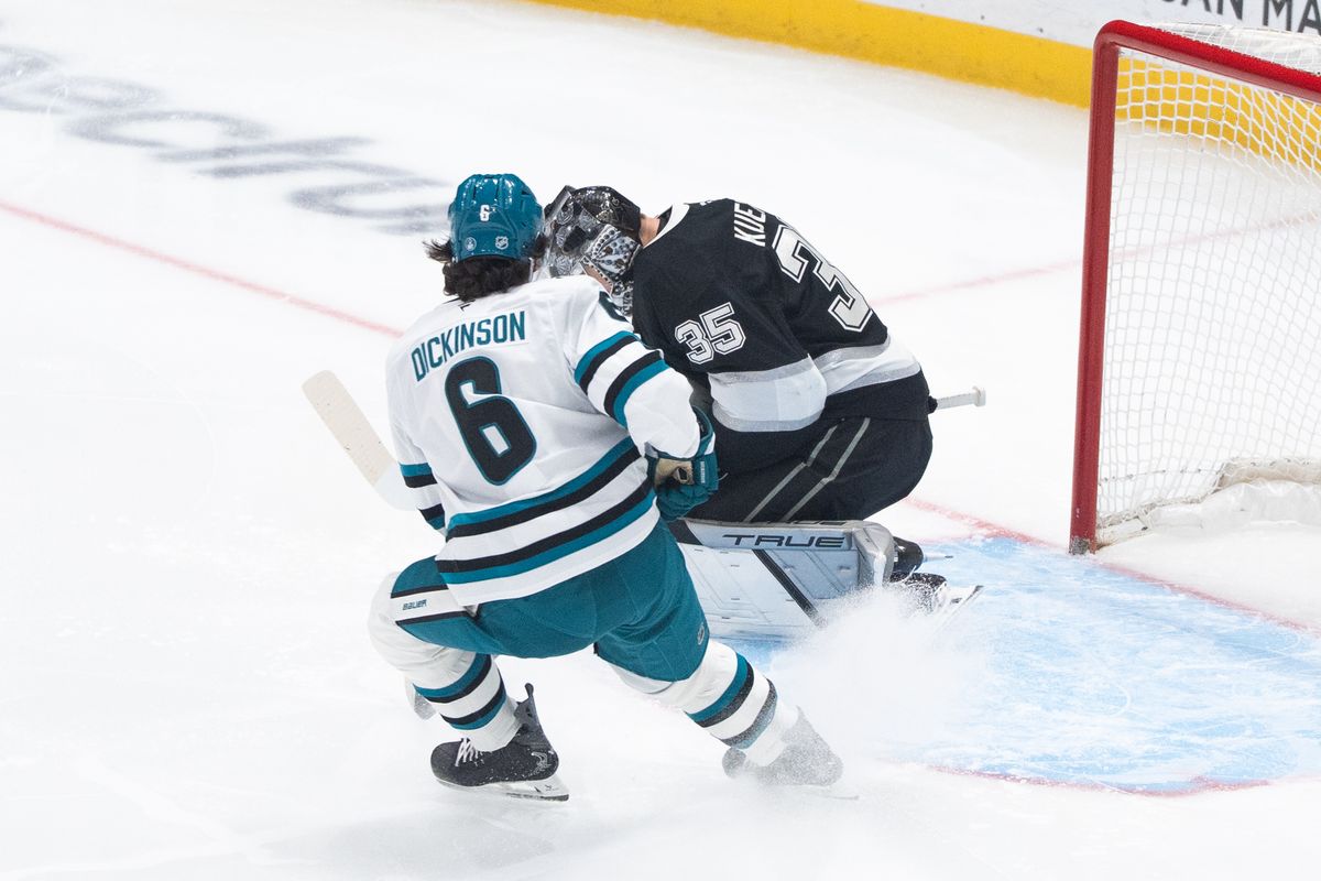 The Los Angeles Kings Goalie Darcy Kuemper (35) makes an incredible save in a NHL game against the San Jose Sharks at the Crypto Arena on January 7th, 2026 in Los Angeles California.