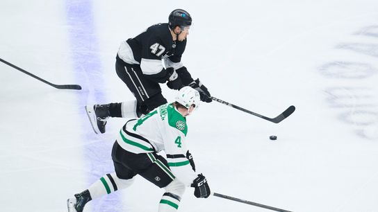 The Los Angeles Kings left wing Andre Lee (47) skates with the puck against the Dallas Stars at the Crypto Arena on January 12th, 2026 in Los Angeles California.