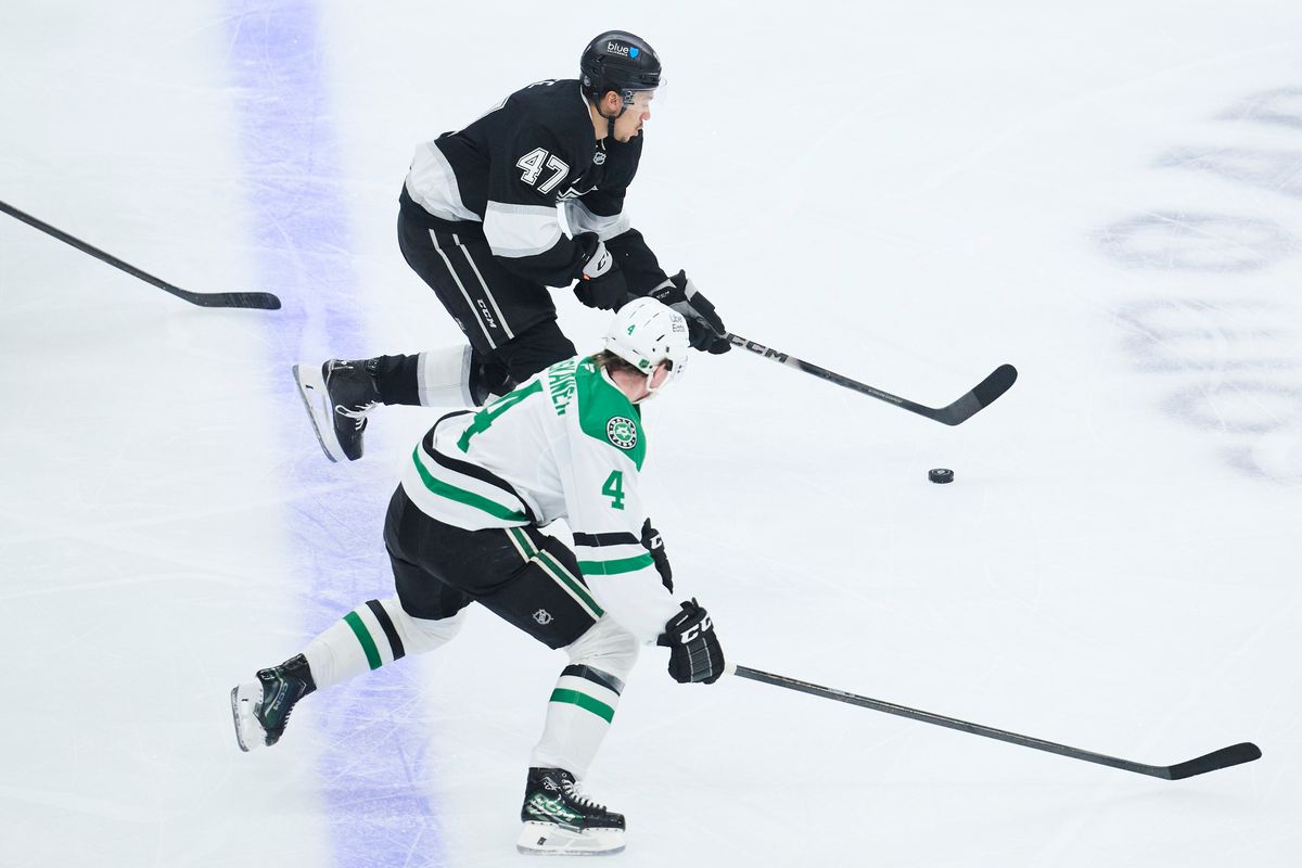 The Los Angeles Kings left wing Andre Lee (47) skates with the puck against the Dallas Stars at the Crypto Arena on January 12th, 2026 in Los Angeles California.