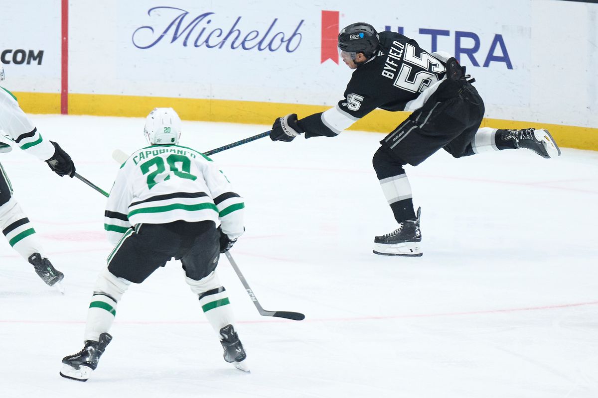 The Los Angeles Kings right wing Quinton Byfield (55) shoots a goal attempt against the Dallas Stars at the Crypto Arena on January 12th, 2026 in Los Angeles California.