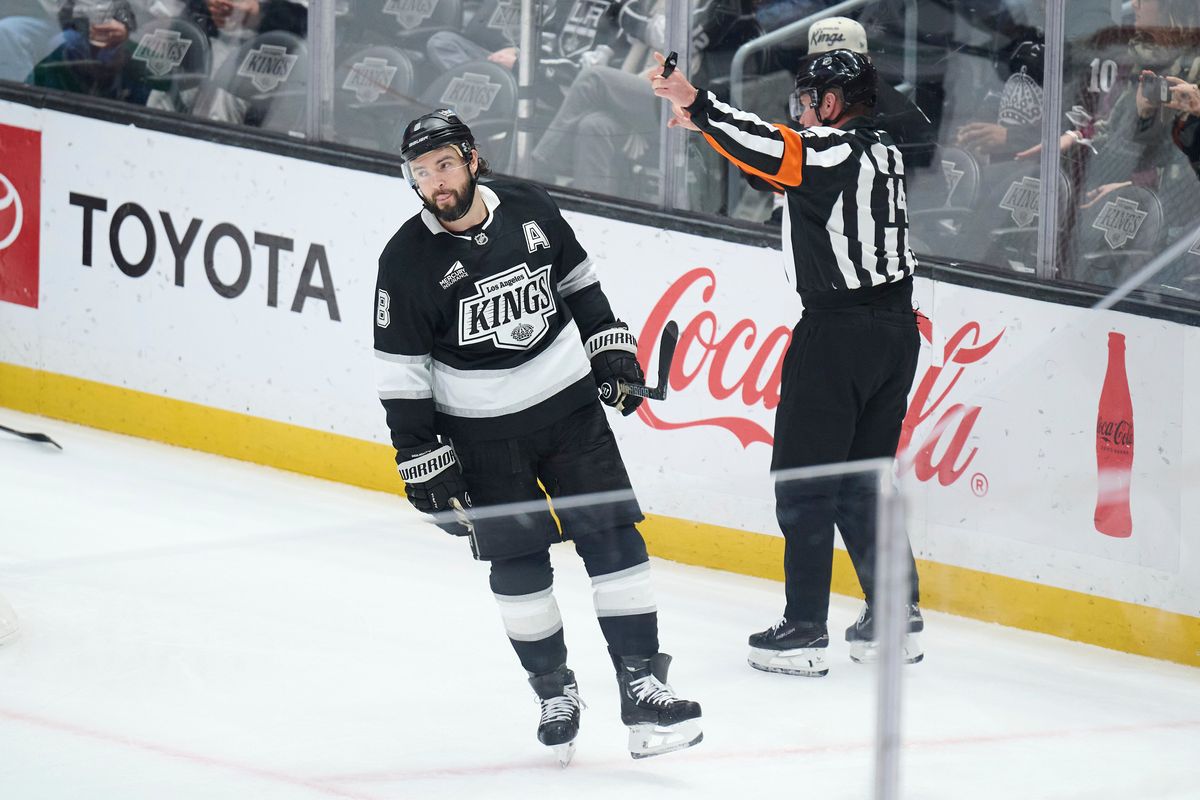 The Los Angeles Kings defender Drew Doughty (8) gets a penalty against the Dallas Stars at the Crypto Arena on January 12th, 2026 in Los Angeles California.