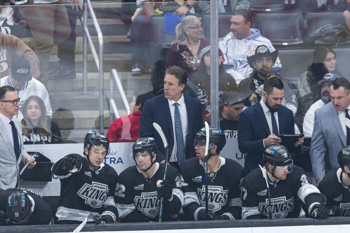 Los Angeles Kings head coach Jim Hiller observes from the bench during an NHL match against the Vegas Golden Knights on January 14, 2025 in Los Angeles, Calif.