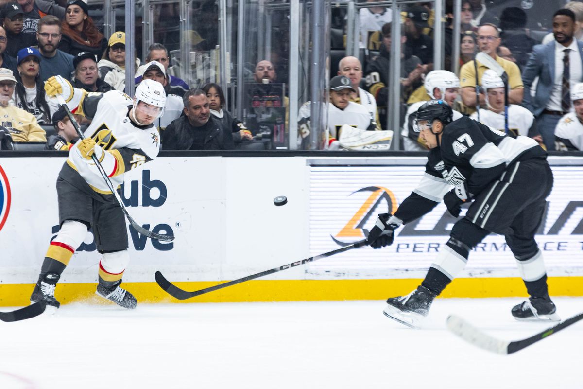 Vegas Golden Knights left wing Ivan Barbasheb (49) passes the puck during an NHL match against the Los Angeles Kings on January 14, 2025 in Los Angeles, Calif.