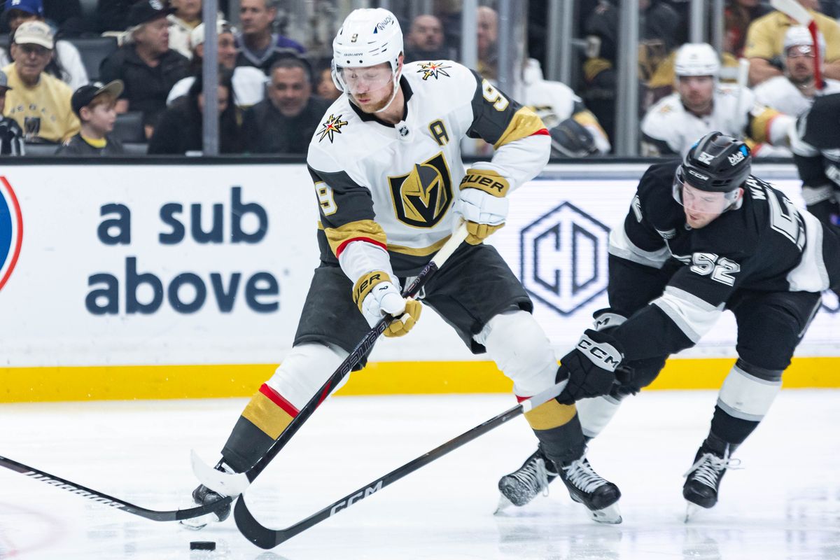 Vegas Golden Knights center Jack Eichel (9) defends the puck during an NHL match against the Los Angeles Kings on January 14, 2025 in Los Angeles, Calif.