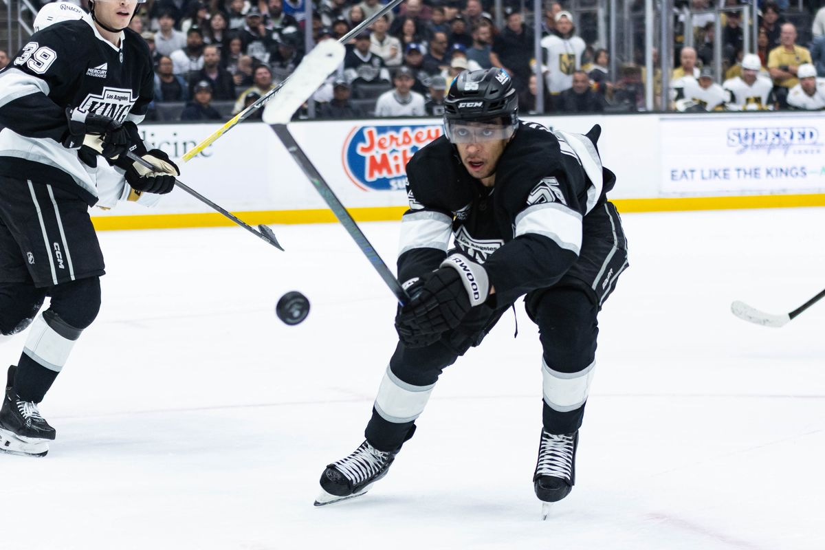 Los Angeles Kings right wing Quinton Byfield (55) goes after the puck during an NHL match against the Vegas Golden Knights on January 14, 2025 in Los Angeles, Calif.