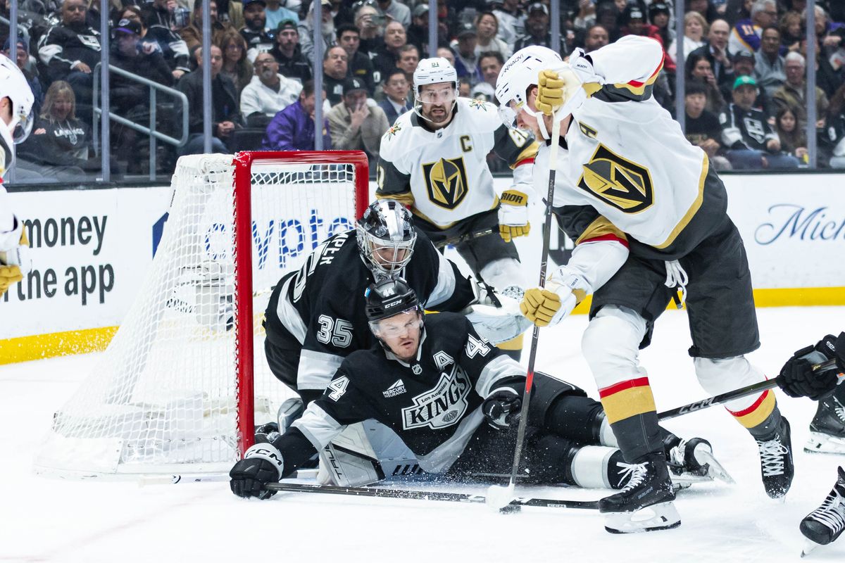 Vegas Golden Knights center Jack Eichel (9) defends the puck during an NHL match against the Los Angeles Kings on January 14, 2025 in Los Angeles, Calif.