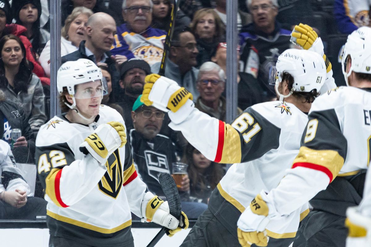 Vegas Golden Knights right wing Braeden Bowman (42) celebrates after a goal during an NHL match against the Los Angeles Kings on January 14, 2025 in Los Angeles, Calif.