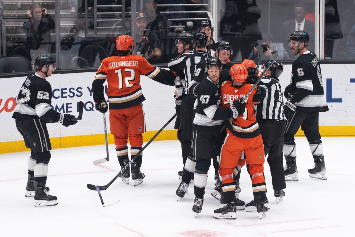 Los Angeles Kings get into an altercation that almost lead to a fight during an NHL game against the Anaheim Ducks, Friday January 16th, 2026 in Los Angeles, California.