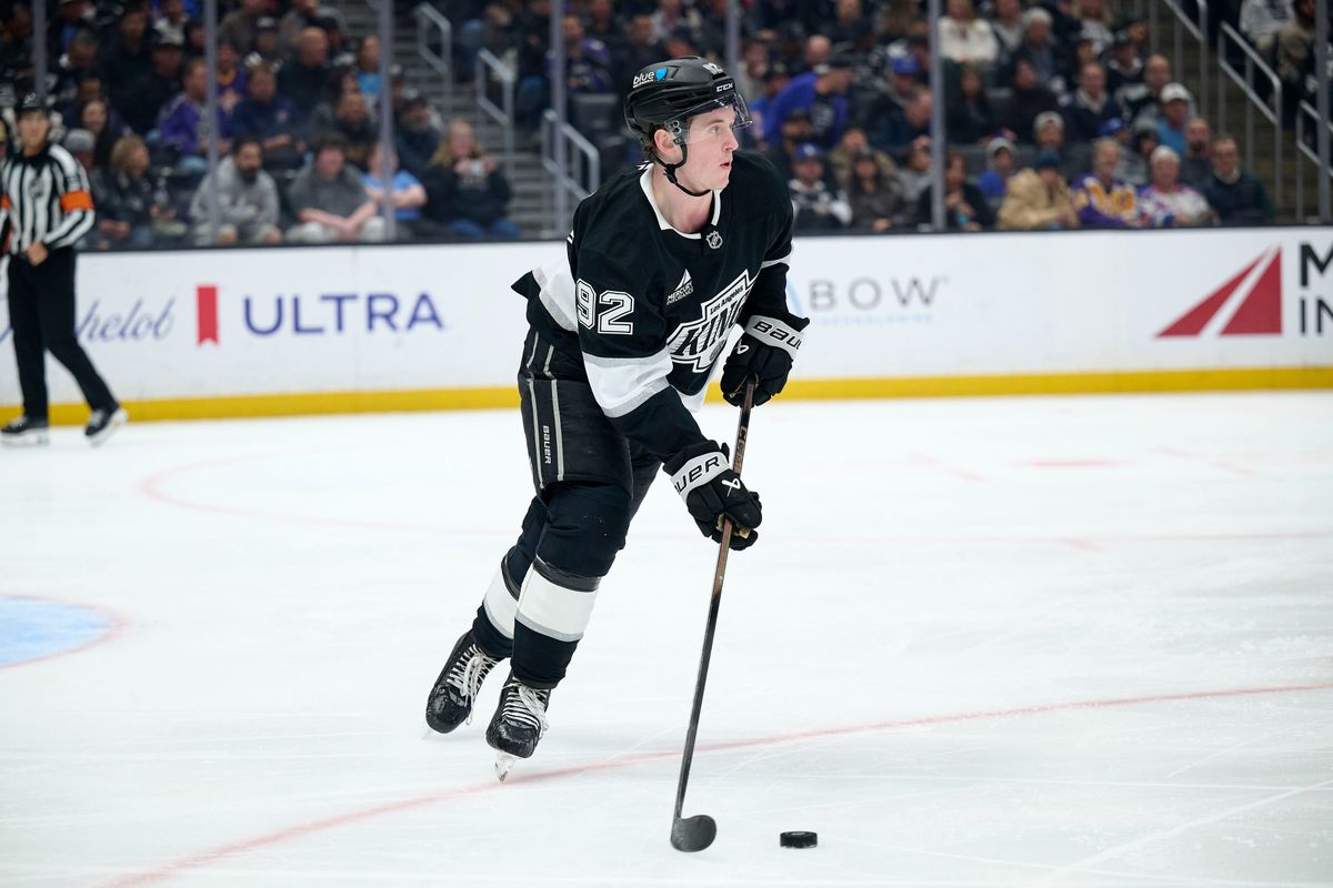 The Los Angeles Kings Defender Brandt Clarke (92) skates with the puck against the New York Rangers at the Crypto Arena on January 20th, 2026 in Los Angeles California.