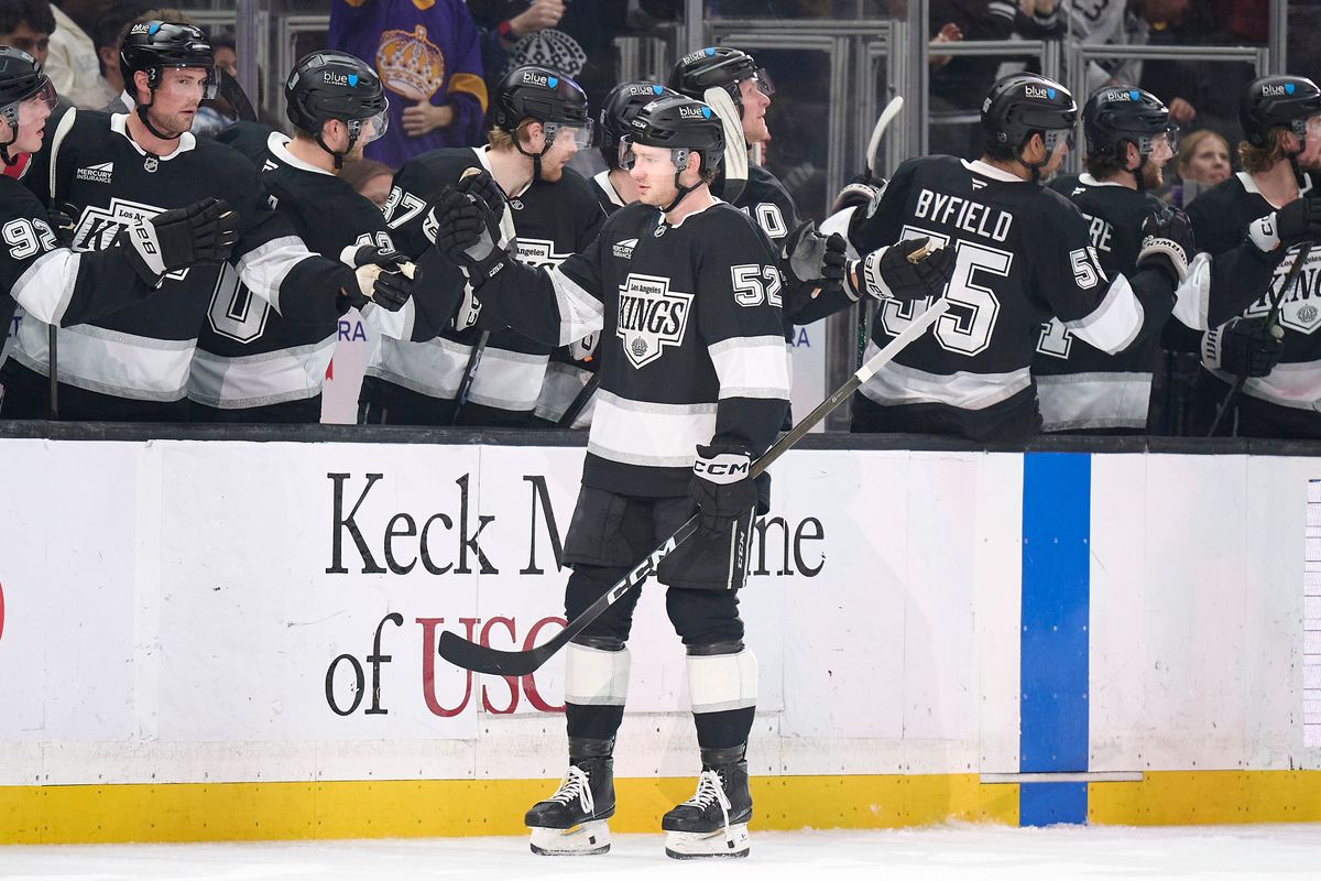 The Los Angeles Kings right wing Taylor Ward (52) celebrates a goal against the New York Rangers at the Crypto Arena on January 20th, 2026 in Los Angeles California.