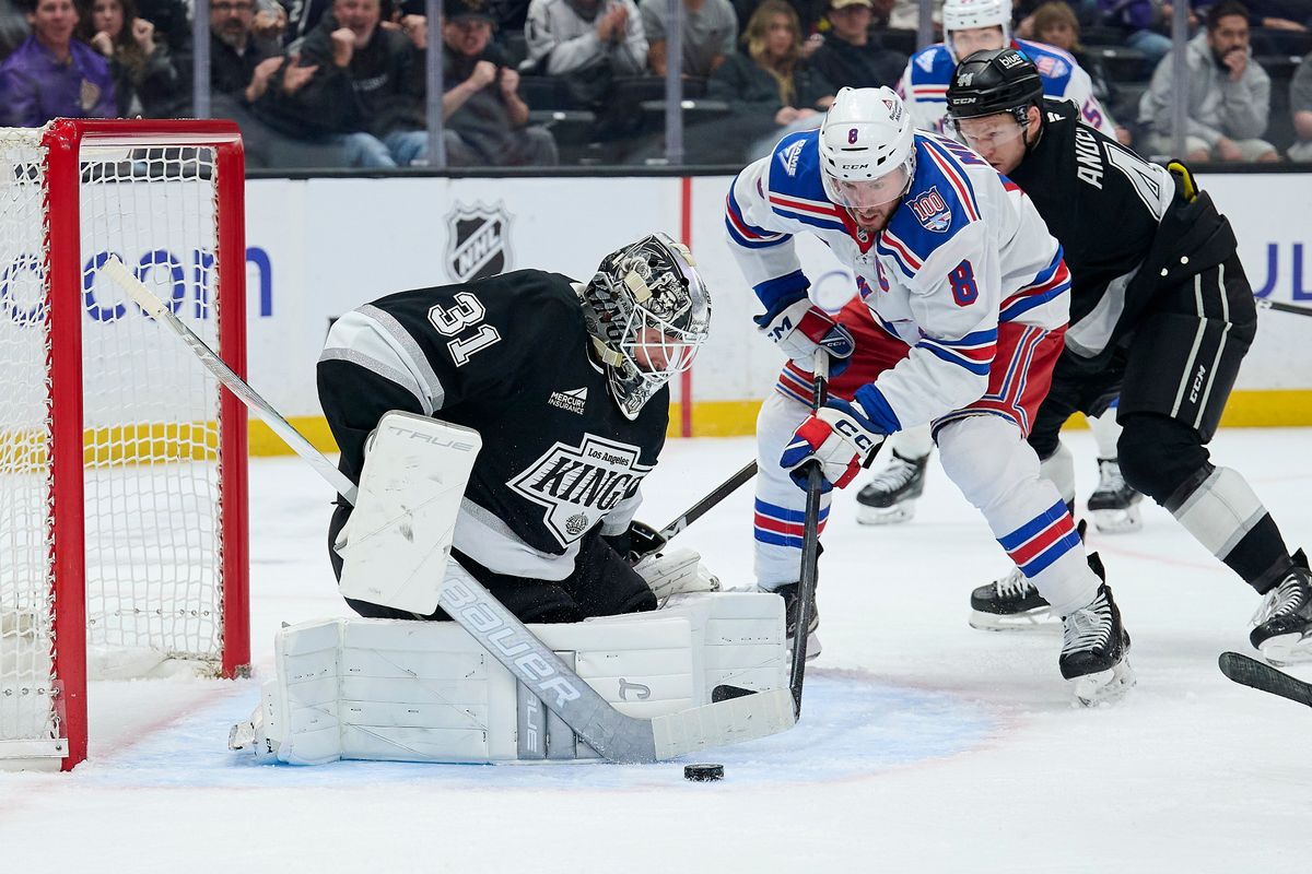 The Los Angeles Kings goaltender Anton Forsberg (31) makes a save against the New York Rangers at the Crypto Arena on January 20th, 2026 in Los Angeles California.