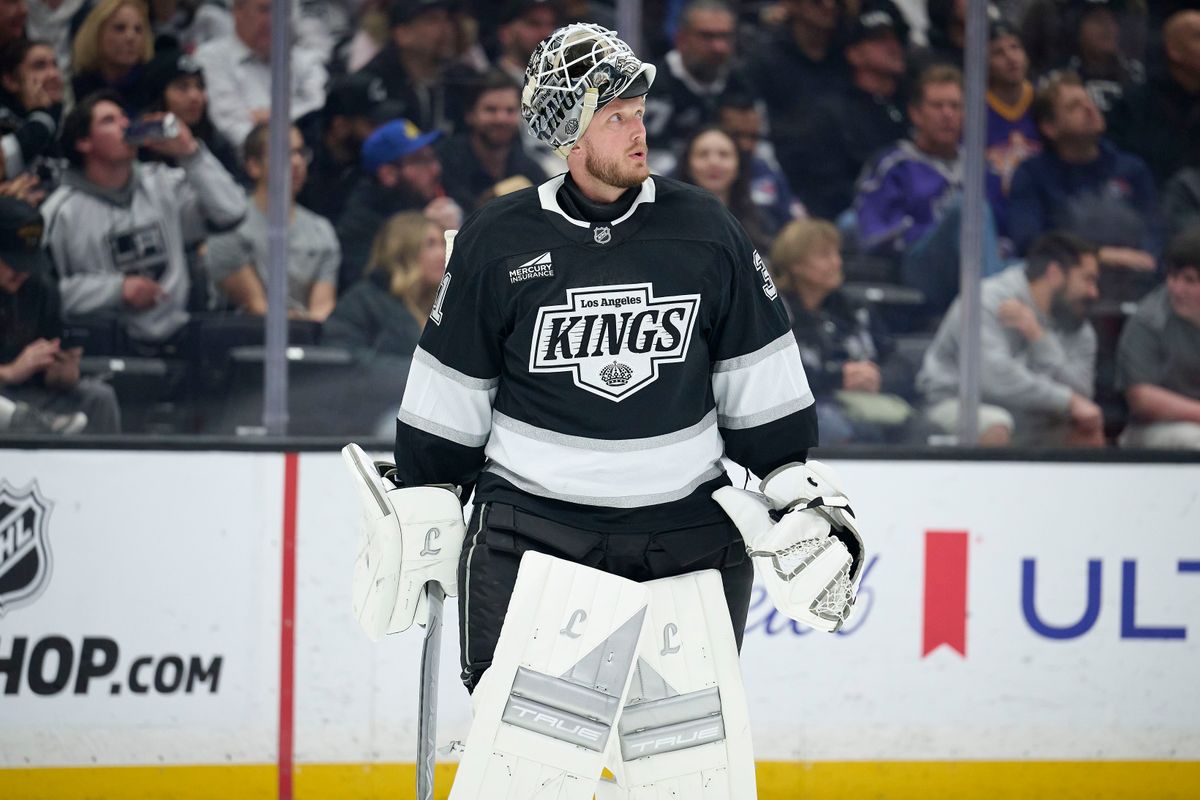 The Los Angeles Kings goaltender Anton Forsberg (31) after many saves during a power play against the New York Rangers at the Crypto Arena on January 20th, 2026 in Los Angeles California.