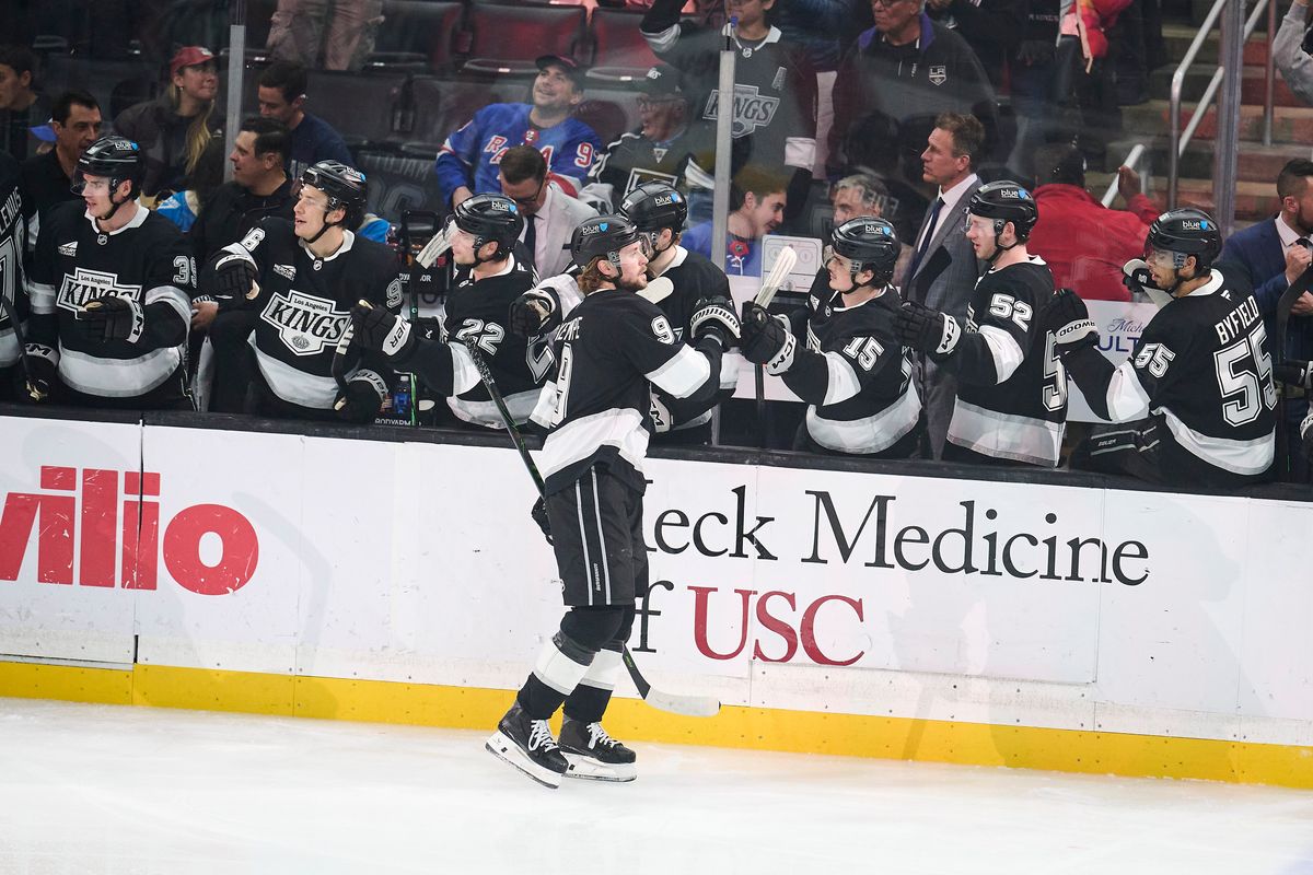 The Los Angeles Kings center Adrian Kempe (9) celebrates a goal against the New York Rangers at the Crypto Arena on January 20th, 2026 in Los Angeles California.