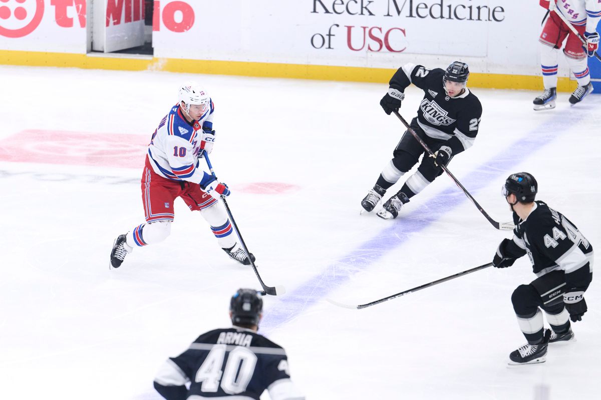 The Los Angeles Kings defender Mikey Anderson (44) left wing Kevin Fiala (22) right wing Joel Armia (40) play defense against the New York Rangers at the Crypto Arena on January 20th, 2026 in Los Angeles California.