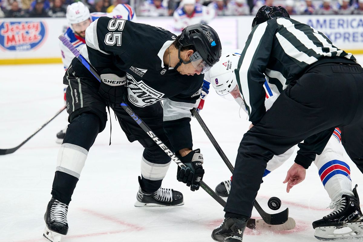The Los Angeles Kings right wing Quinton Byfield (55) does face off against the New York Rangers at the Crypto Arena on January 20th, 2026 in Los Angeles California.