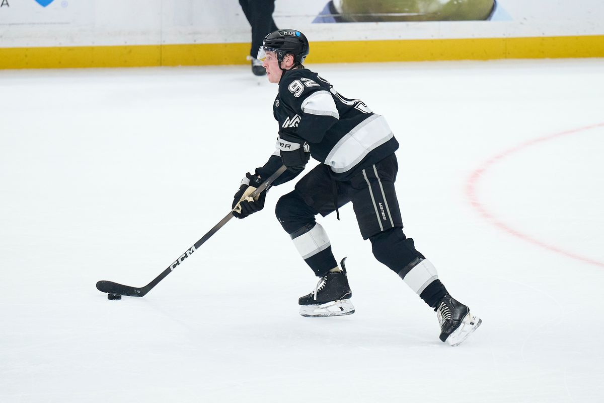 The Los Angeles Kings defender Brandt Clarke (92) skates with the puck against the New York Rangers at the Crypto Arena on January 20th, 2026 in Los Angeles California.