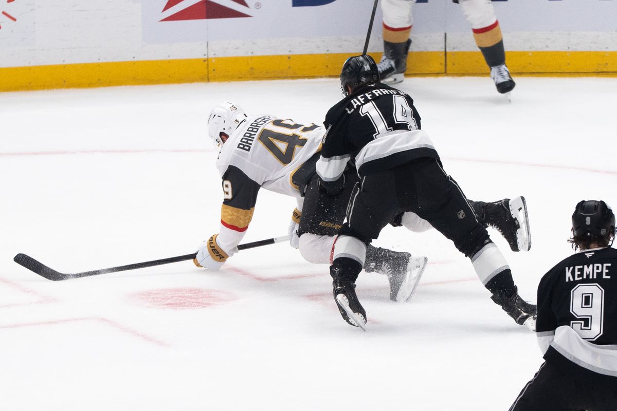 Los Angeles Kings Right Wing Alex Laferriere (14) lays out his opponent during an NHL match against the Vegas Golden Knights on February 25, 2025 in Los Angeles, Calif.