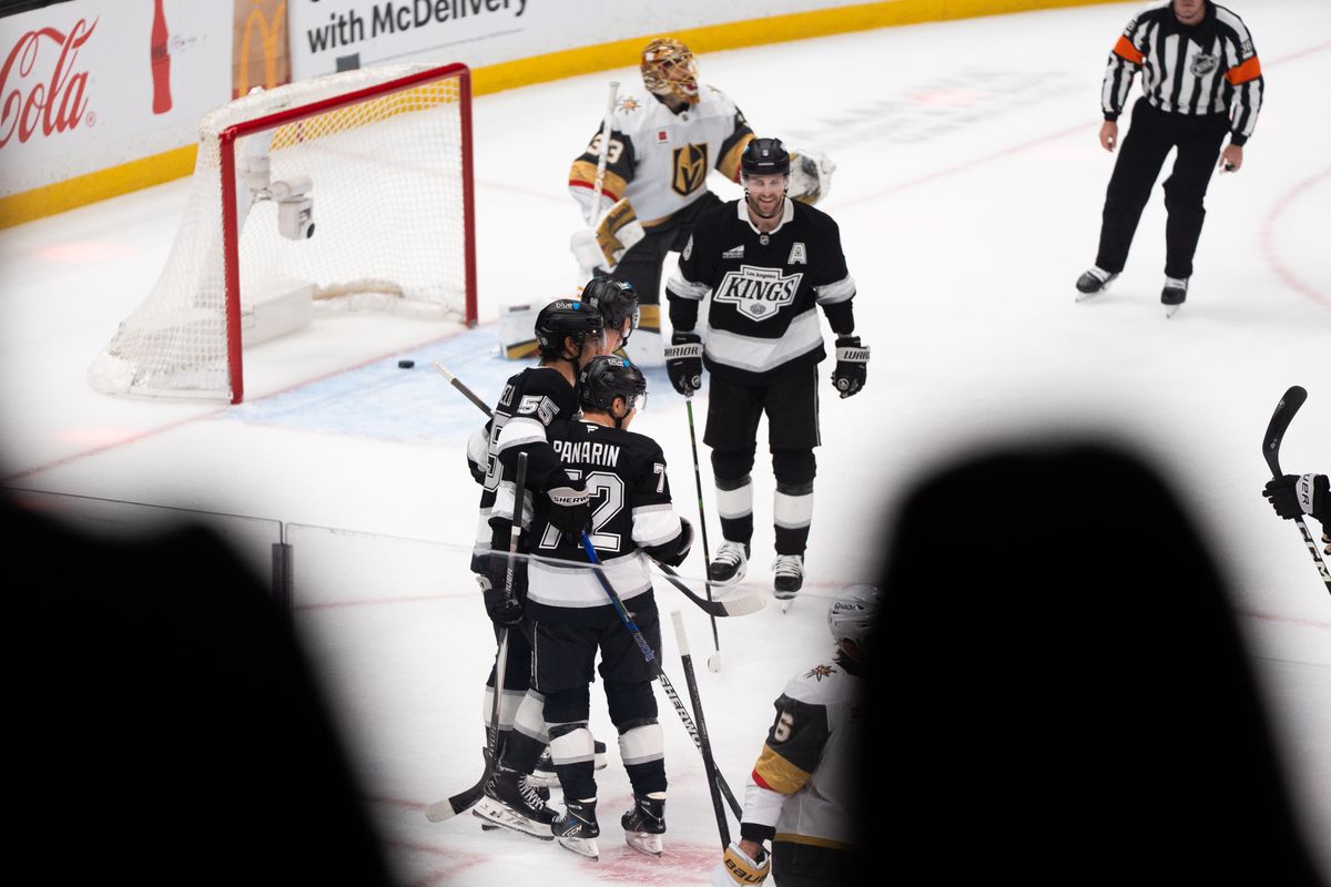Los Angeles Kings players celebrate the first goal of the game during an NHL match against the Vegas Golden Knights on February 25, 2025 in Los Angeles, Calif.