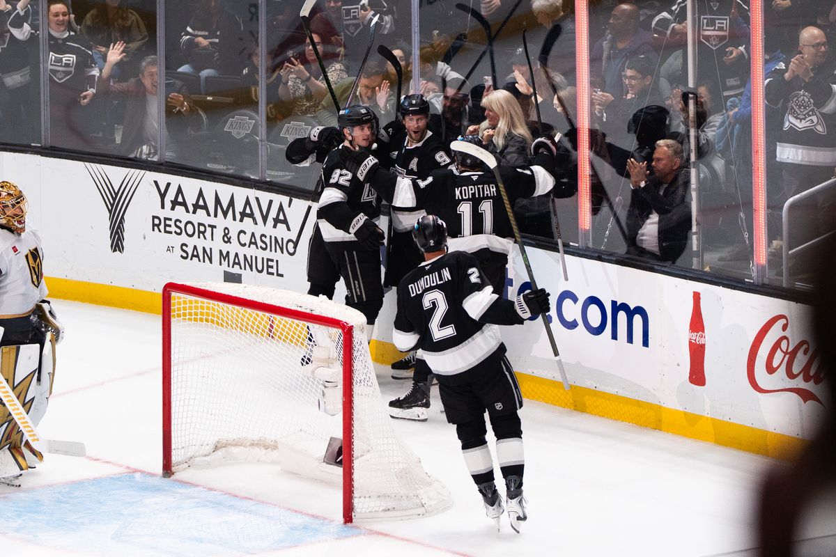 Los Angeles Kings players celebrate the team's second goal of the game during an NHL match against the Vegas Golden Knights on February 25, 2025 in Los Angeles, Calif.