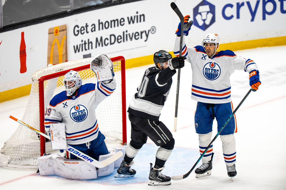 Los Angeles Kings right wing Joel Armia (40) celebrating Warren Foegele's goal during an NHL hockey game against the Edmonton Oilers on February 26th, 2026 in Los Angeles, CA.