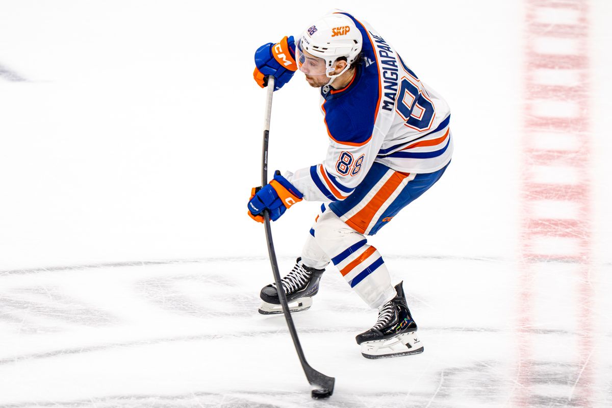 Edmonton Oilers left wing Andrew Mangiapane (88) hitting the puck, resulting in a goal during an NHL hockey game against the Los Angeles Kings on February 26th, 2026 in Los Angeles, CA.