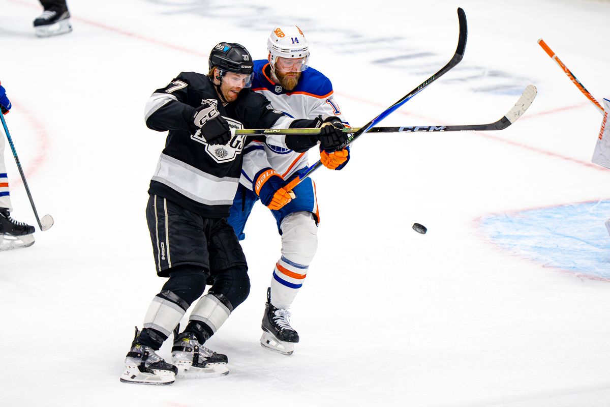 Edmonton Oilers defenseman Mathias Ekholm (14) defending against the Kings during an NHL hockey game against the Los Angeles Kings on February 26th, 2026 in Los Angeles, CA.