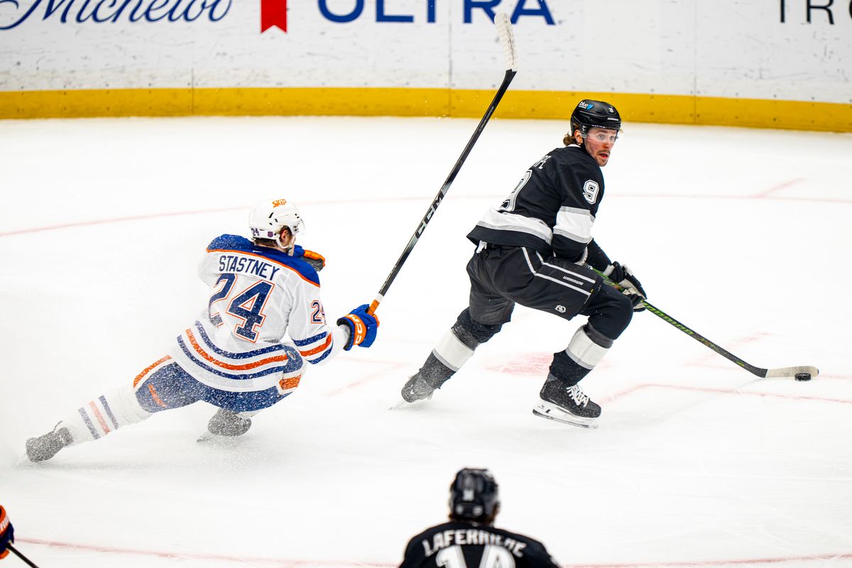 Los Angeles Kings defenseman Drew Doughty (8) turning the puck over for the Kings during an NHL hockey game against the Edmonton Oilers on February 26th, 2026 in Los Angeles, CA.