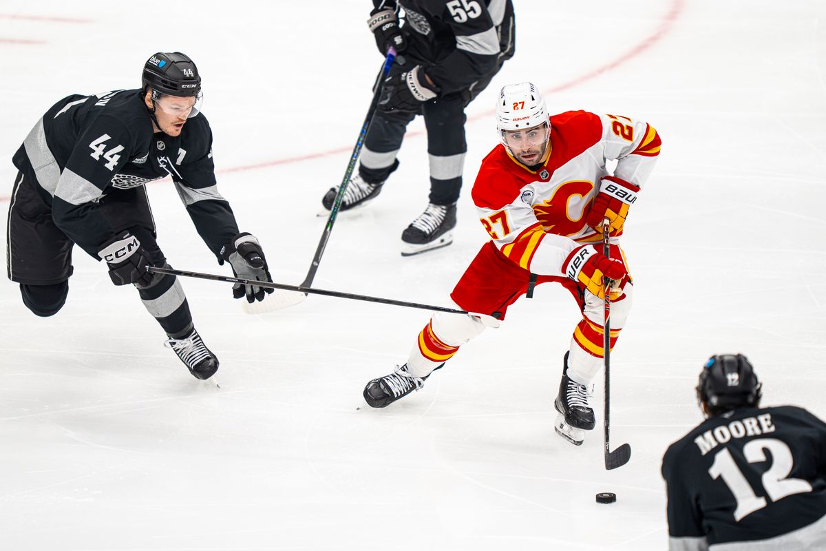 Calgary Flames right wing Matt Coronato (27) surrounded by Kings during an NHL hockey game against the Los Angeles Kings on February 26th, 2026 in Los Angeles, CA.