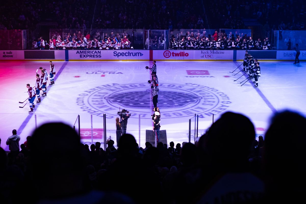 A general view of the ice during the national anthem before an NHL match with the Los Angeles Kings against the Colorado Avalanche on March 2, 2026 in Los Angeles, California. A general view of the ice during the national anthem before an NHL match with the Los Angeles Kings against the Colorado Avalanche on March 2, 2026 in Los Angeles, California.