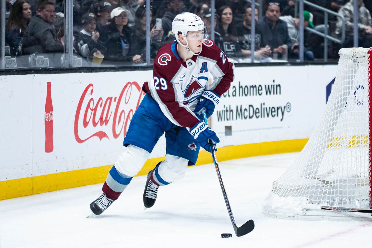 Colorado Avalanche center Nathan MacKinnon (29) skates with the puck during an NHL match against the Los Angeles Kings on March 2, 2026 in Los Angeles, California. Colorado Avalanche center Nathan MacKinnon (29) skates with the puck during an NHL match against the Los Angeles Kings on March 2, 2026 in Los Angeles, California.