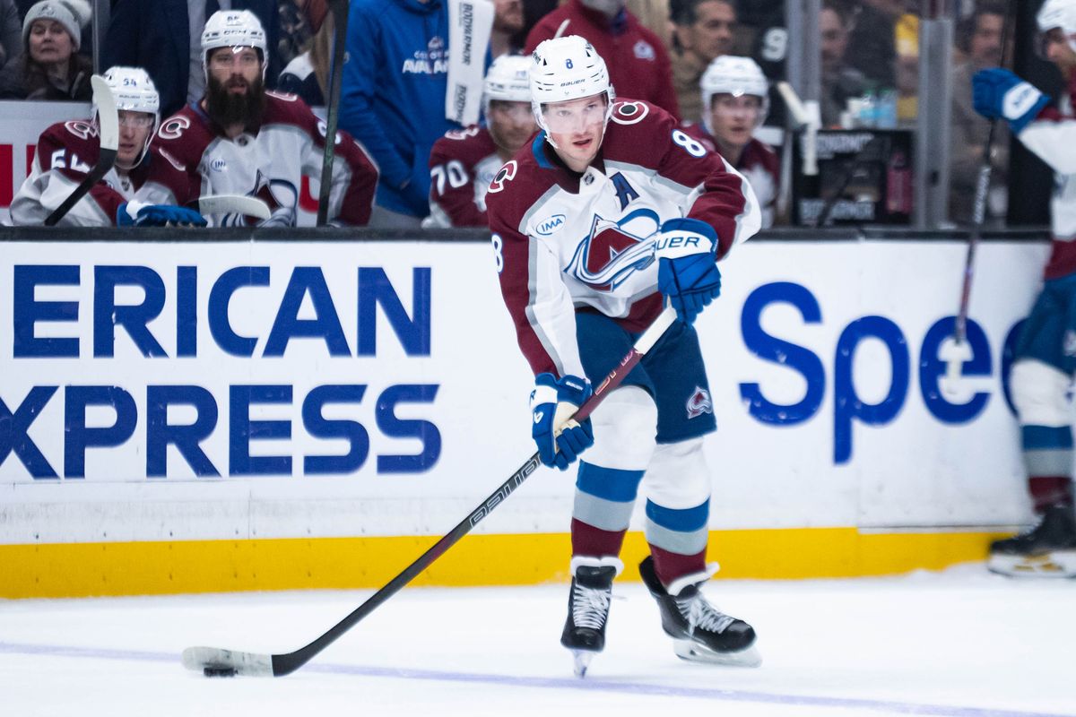 Colorado Avalanche defenseman Cale Makar (8) looks to pass the puck during an NHL match against the Los Angeles Kings on March 2, 2026 in Los Angeles, California. Colorado Avalanche defenseman Cale Makar (8) looks to pass the puck during an NHL match against the Los Angeles Kings on March 2, 2026 in Los Angeles, California.