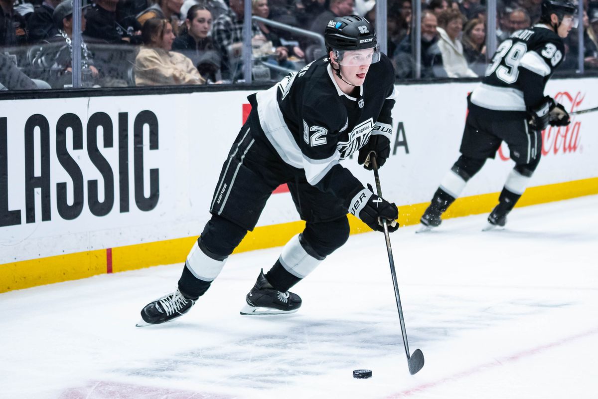 Los Angeles Kings left wing Trevor Moore (12) skates with the puck during an NHL match against the Colorado Avalanche on March 2, 2026 in Los Angeles, California. Los Angeles Kings left wing Trevor Moore (12) skates with the puck during an NHL match against the Colorado Avalanche on March 2, 2026 in Los Angeles, California.