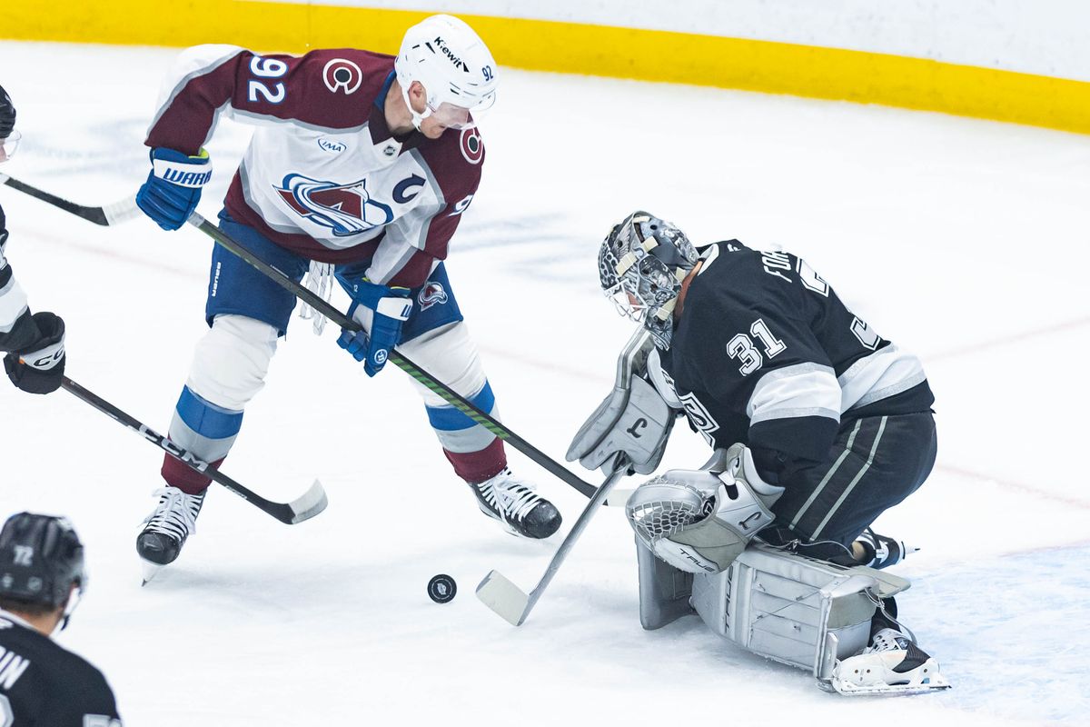 Los Angeles Kings goaltender Anton Forsberg (31) records a save during an NHL match against the Colorado Avalanche on March 2, 2026 in Los Angeles, California. Los Angeles Kings goaltender Anton Forsberg (31) records a save during an NHL match against the Colorado Avalanche on March 2, 2026 in Los Angeles, California.