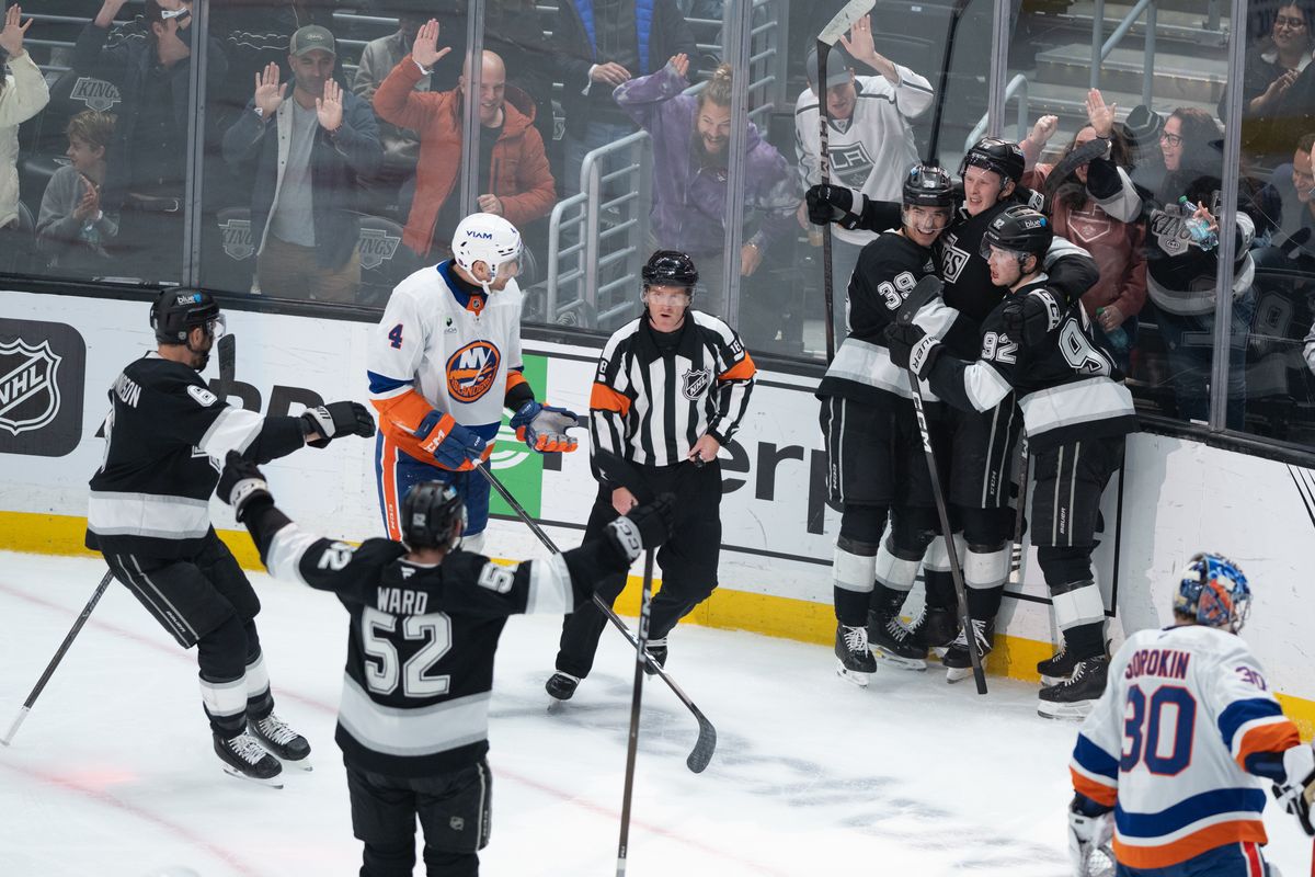 LA Kings players celebrate after a goal during an NHL game between the New York Islanders and the Los Angeles Kings on Thursday, March 5, 2026 at Crypto.com Arena in Los Angeles Calif