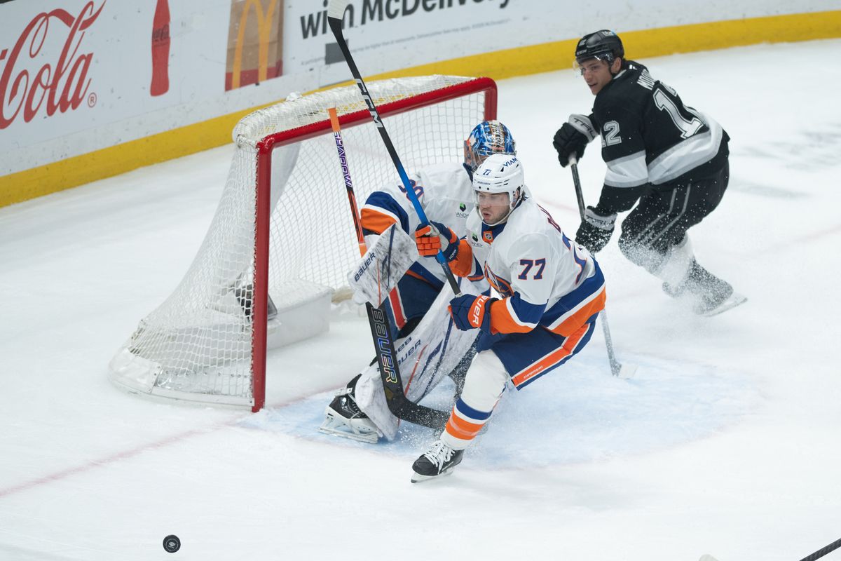 New York Islanders defensiveman Tony DeAngelo (77) moves to defensive position during an NHL game between the New York Islanders and the Los Angeles Kings on Thursday, March 5, 2026 at Crypto.com Arena in Los Angeles Calif