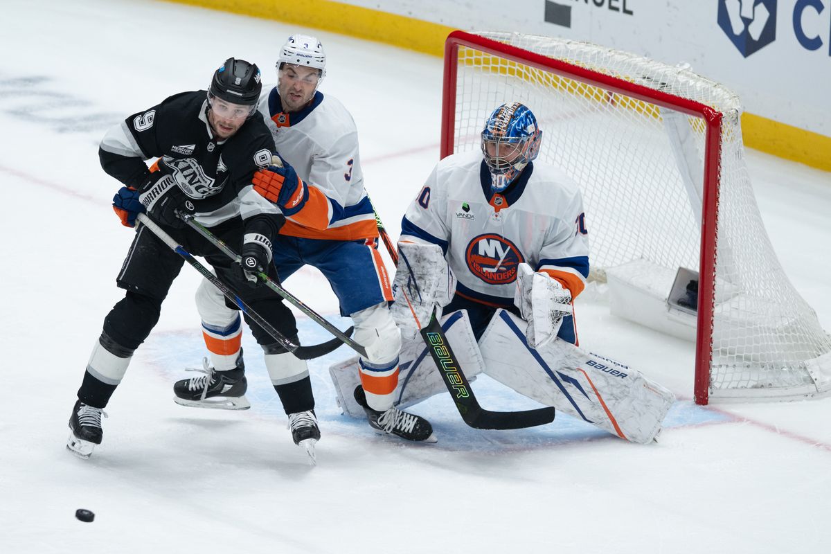 LA Kings right wing Adrian Kempe (9) gets into position near the goal during an NHL game between the New York Islanders and the Los Angeles Kings on Thursday, March 5, 2026 at Crypto.com Arena in Los Angeles Calif