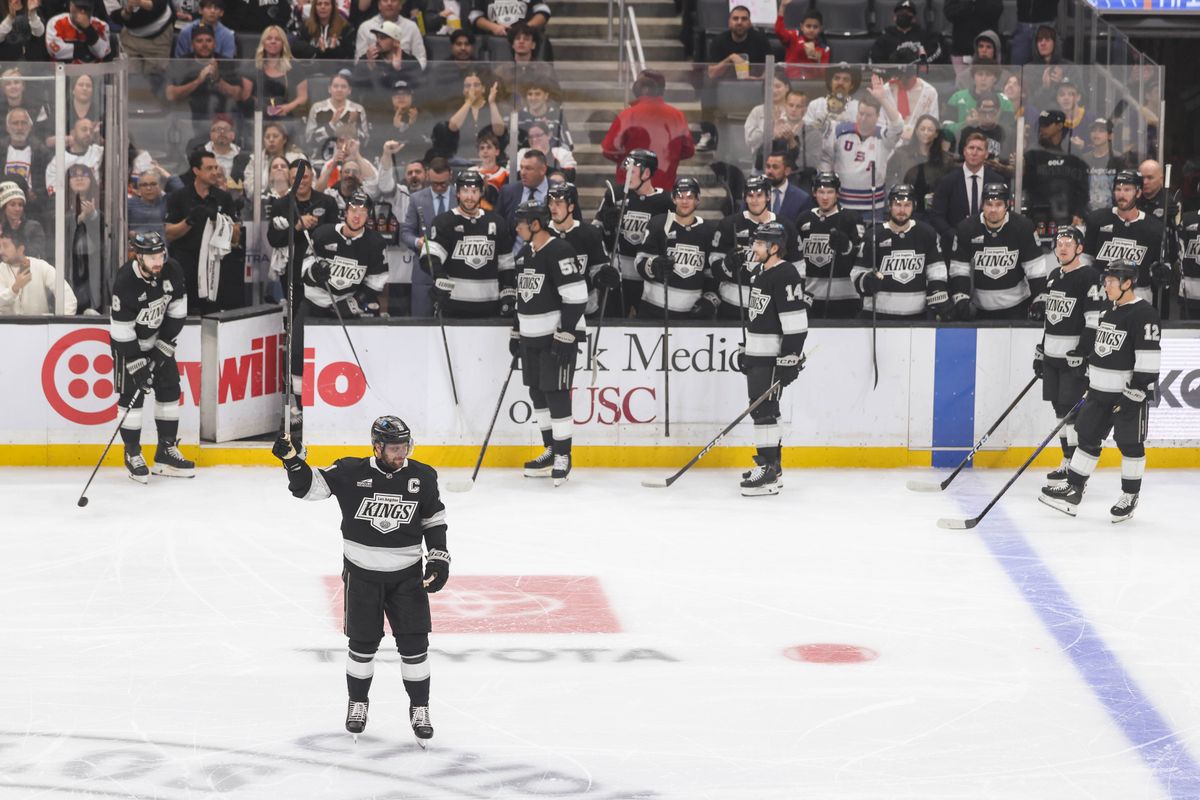 Anze Kopitar #11 of the Los Angeles Kings is honored on the ice for becoming the all-time points leader in franchise history during an NHL hockey game against the Philadelphia Flyers, Thursday March 19, 2026 in Los Angeles, Calif.