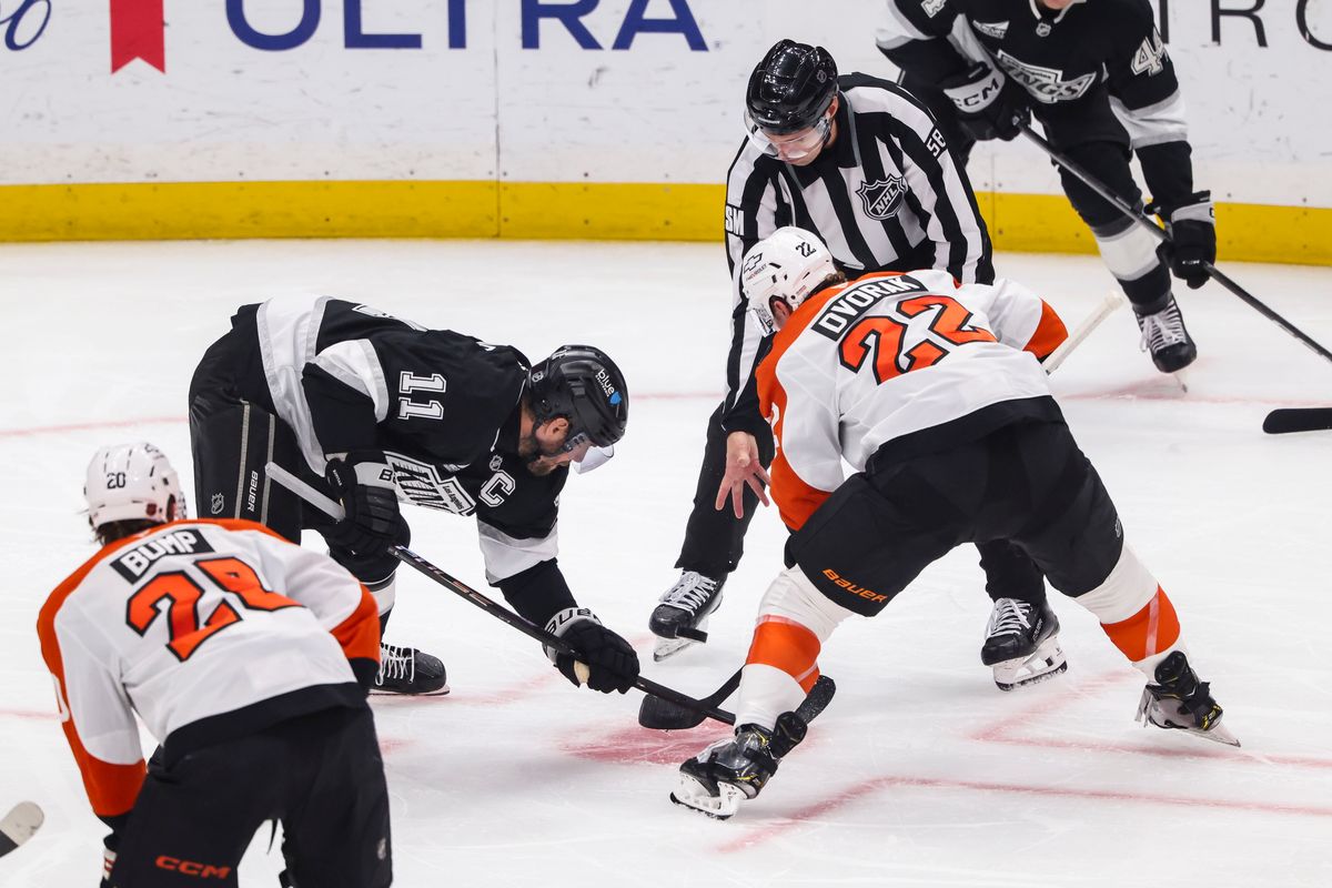 Anze Kopitar #11 of the Los Angeles Kings and Christian Dvorak #22 of the Philadelphia Flyers prepare for a face-off during an NHL hockey game, Thursday March 19, 2026 in Los Angeles, Calif.