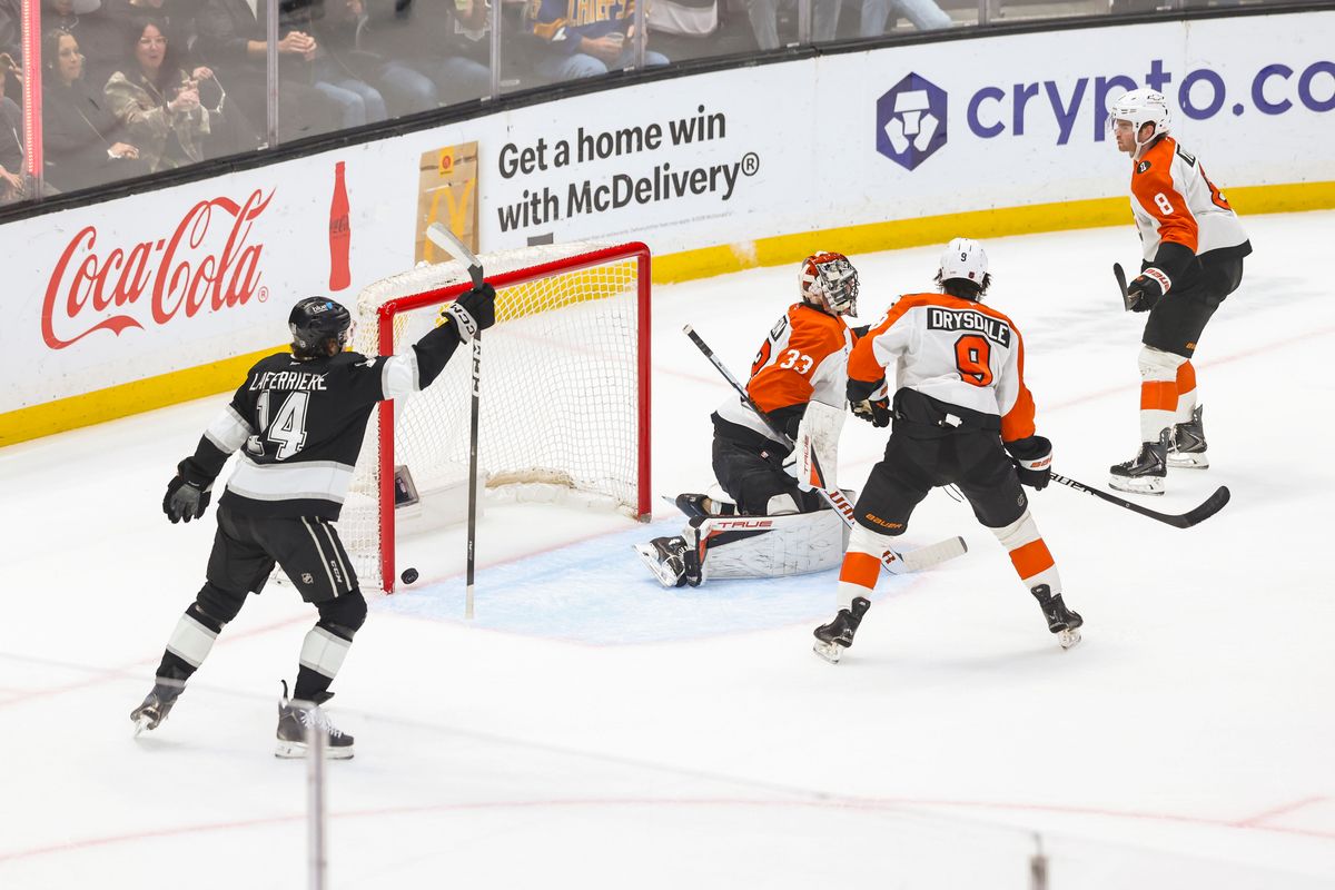 Alex Laferriere #14 of the Los Angeles Kings celebrates a goal during an NHL hockey game against the Philadelphia Flyers, Thursday March 19, 2026 in Los Angeles, Calif.