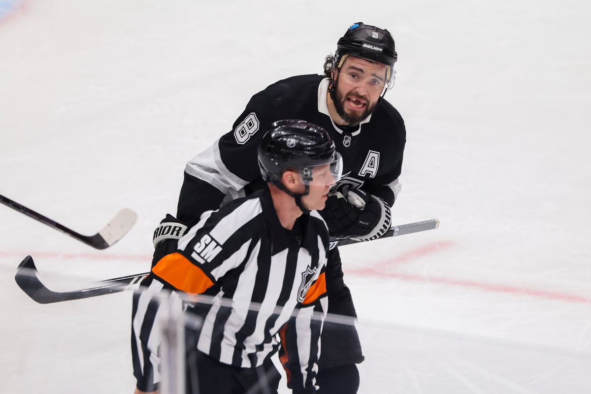 Drew Doughty #8 of the Los Angeles Kings pleads his case to the referee after being called for a penalty during an NHL hockey game against the Philadelphia Flyers, Thursday March 19, 2026 in Los Angeles, Calif.
