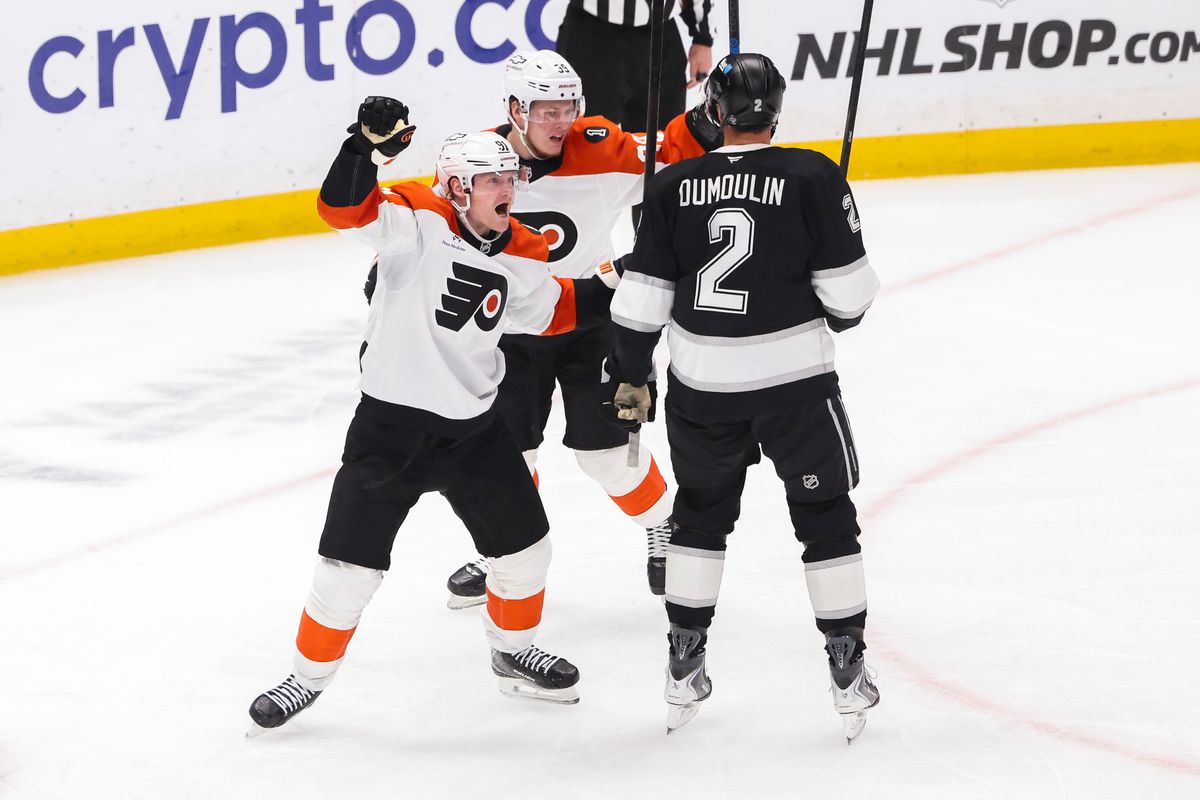 Carl Grundstrom #91 of the Philadelphia Flyers celebrates a goal during an NHL hockey game against the Los Angeles Kings, Thursday March 19, 2026 in Los Angeles, Calif.
