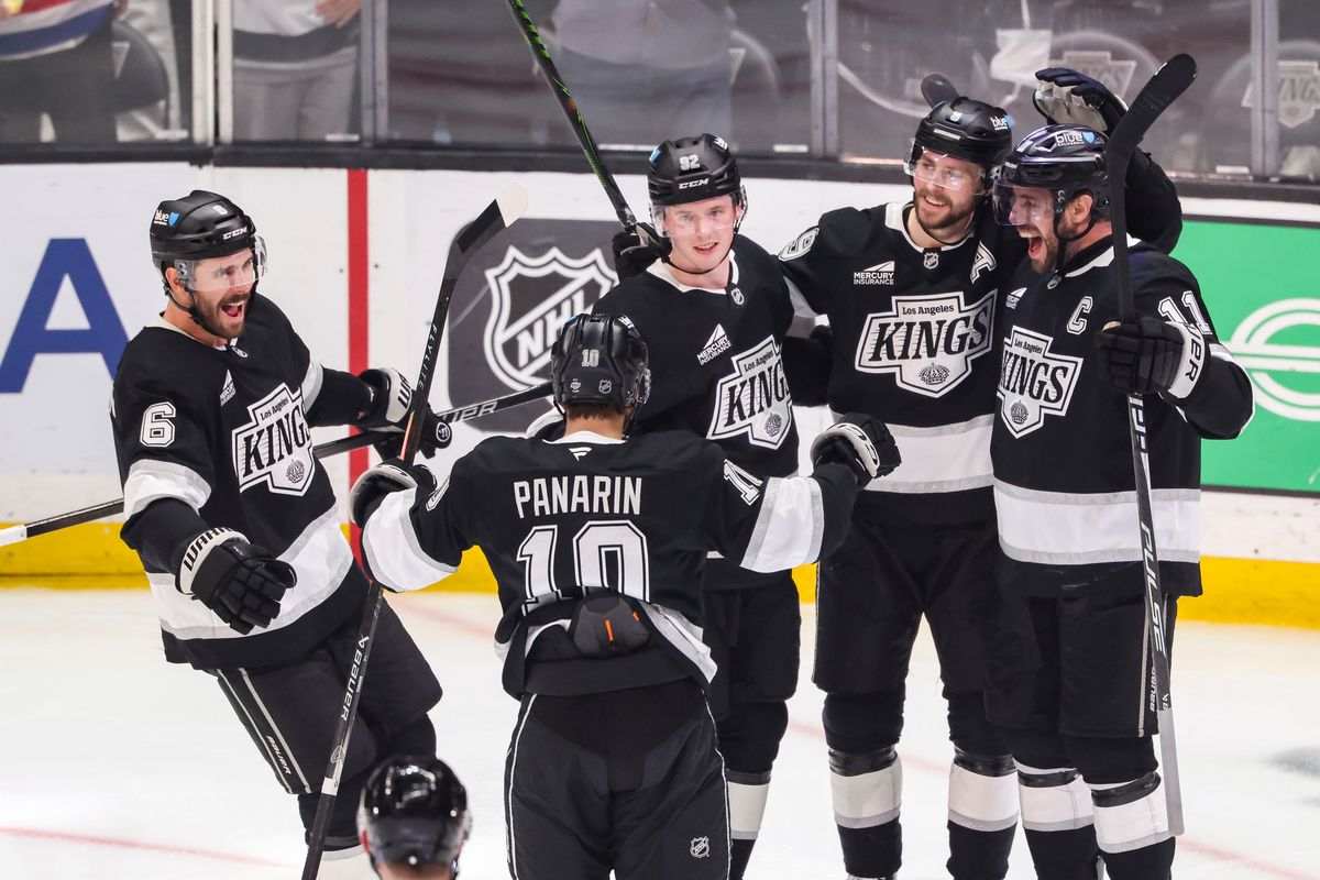 Joel Edmundson #6, Artemi Panarin #10, Brandt Clarke #92, Adrian Kempe #9, and center Anze Kopitar #11 of the Los Angeles Kings celebrate a goal during an NHL hockey game against the Philadelphia Flyers, Thursday March 19, 2026 in Los Angeles, Calif.