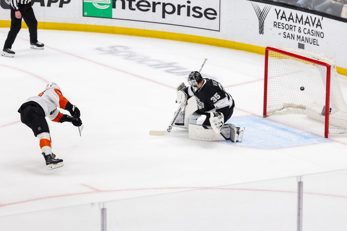 Matvei Michkov #39 of the Philadelphia Flyers scores the game winning goal in the shootout during an NHL hockey game against the Los Angeles Kings, Thursday March 19, 2026 in Los Angeles, Calif.